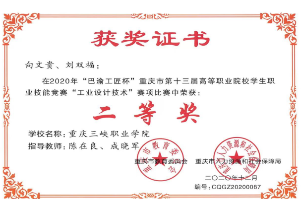 2020年12月，重庆瑞佳达科技有限公司与重庆三峡职业学院产教融合校企协同培育的增材制造技术专业学生向文贵、刘双福在2020年“巴渝工匠杯”重庆市第十三届高等职业院校学生职业技能竞赛“工业设计技术”赛项中荣获二等奖。